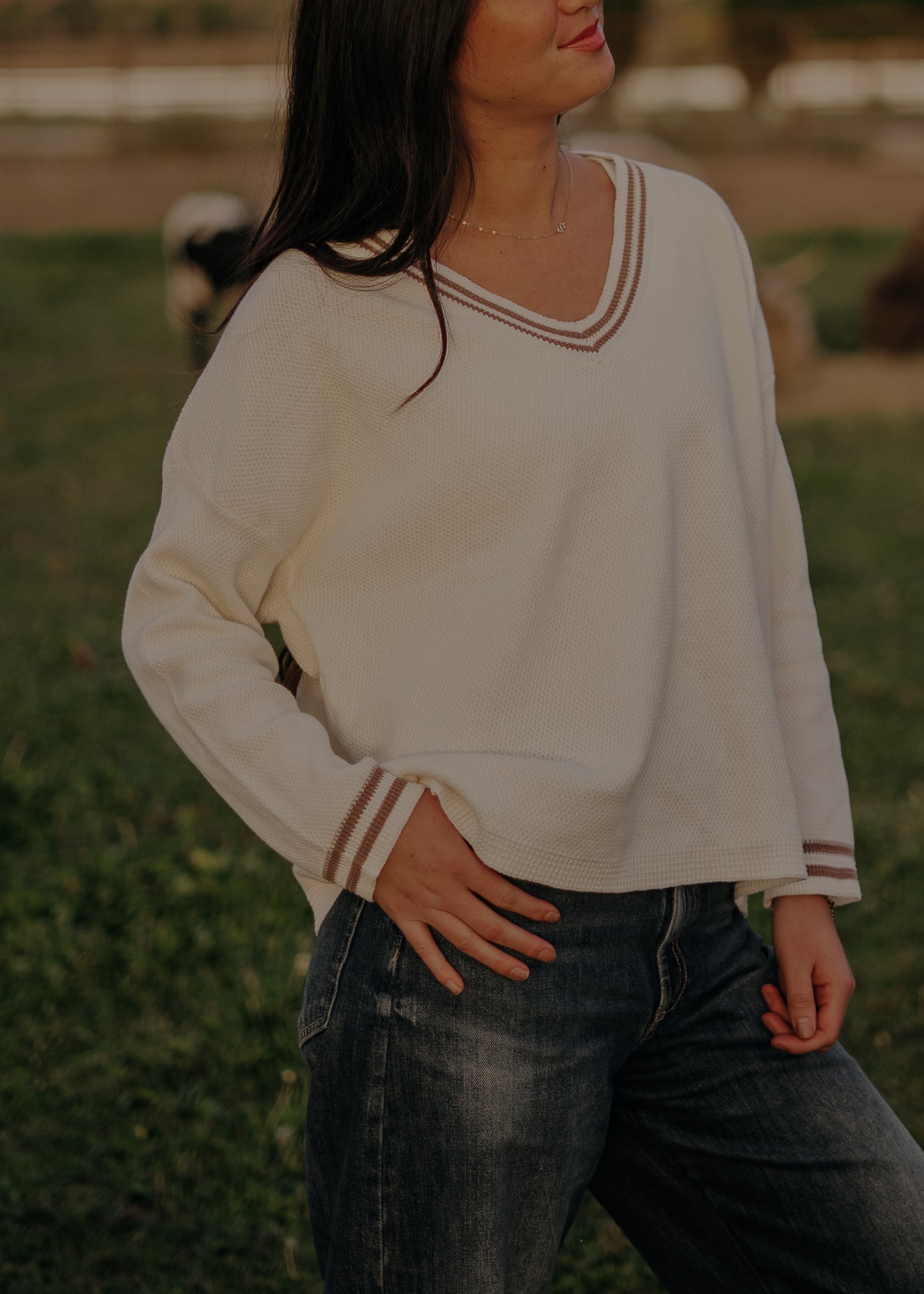 Knit Sweater Cotton Deep V-Neck Long Sleeve Pullover