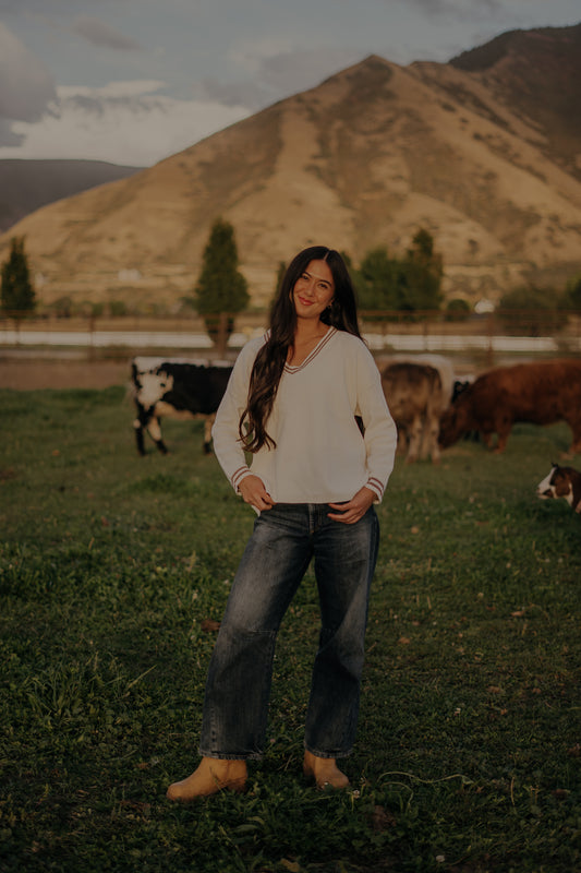 Knit Sweater Cotton Deep V-Neck Long Sleeve Pullover