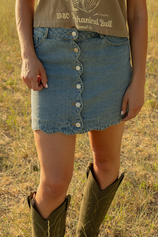Buttoned Scallop Denim Skirt