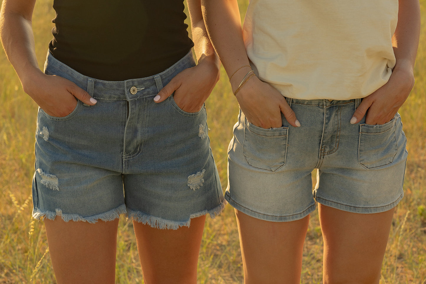 Distressed Denim Shorts with Frayed Hem (Left in Picture)