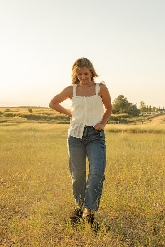 Lace Crochet Ruffled Buttoned Loose Fit Tank Top