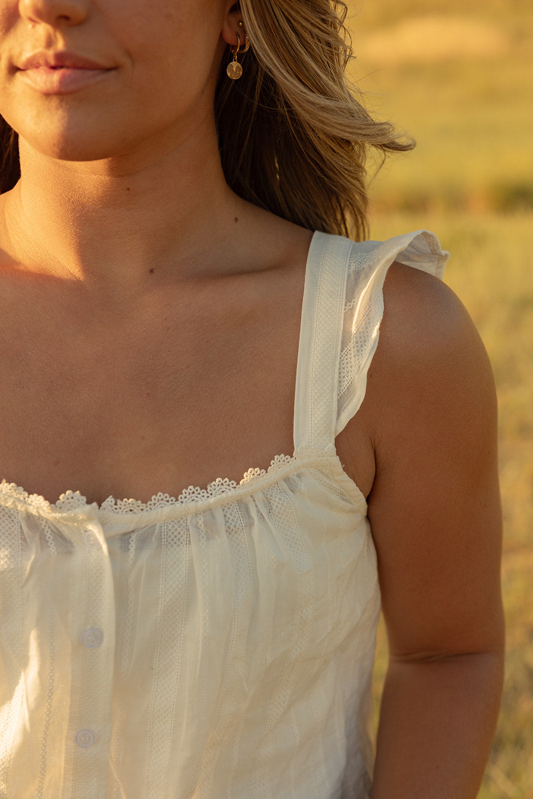 Lace Crochet Ruffled Buttoned Loose Fit Tank Top