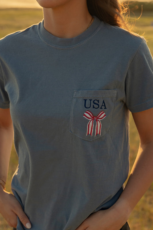USA Striped Bow Embroidered Comfort Colors Pocket T-Shirt - PERFECT FOR THE 4TH!!